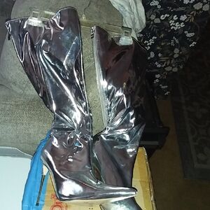 Metallic Silver Knee-High Stiletto Boots - Women